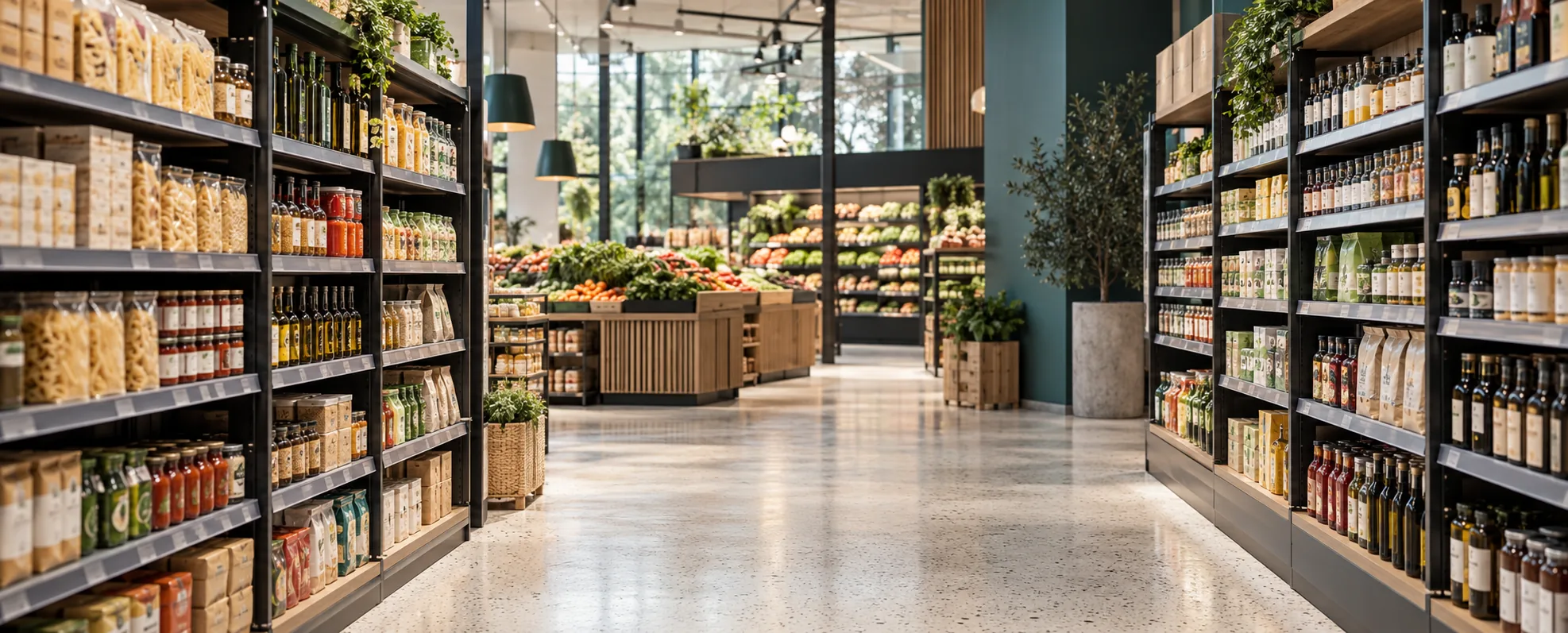 Heller Supermarktgang mit übersichtlichen Regalen